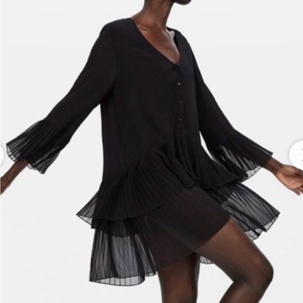 Zara Black Pleated Layered Dress Size Medium